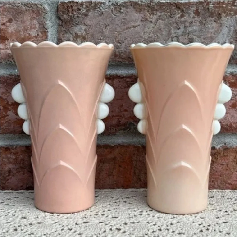 Vintage Anchor Hocking Fired On Pink Vitrock Scalloped Art Deco Style Vases